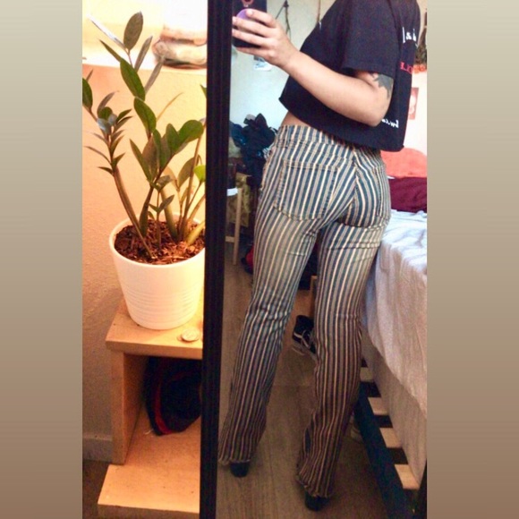 Striped Yellow and Blue Zipped Flare Jeans - Picture 2 of 5